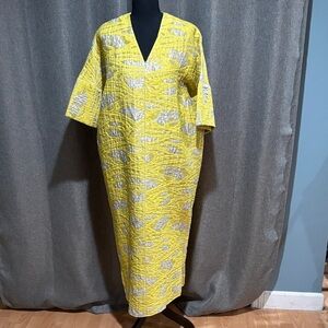 Yellow V-Neck Textured Midi Kaftan